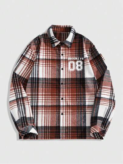 Prep Chemise à manches longues simple à boutons devant avec imprimé lettres et carreaux pour hommes