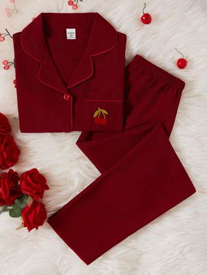 مجموعة بجامة مريحة لفتيات المراهقات مكونة من قطعتين في قصة فضفاضة، طرز ياقة الكرز البرغندي