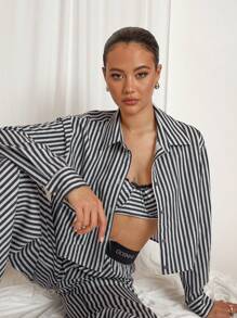 COSMINA 2pcs Women Grey Stripe Casual Lounge Set, Autumn/Winter