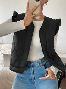 Siren Gaze 女士休闲纯色无袖夹克，冬季 - 黑色 - 查看 5