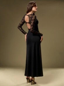 SHEIN Unity 女士时尚性感透明蕾丝拼接露背高开叉连衣裙 - 黑色 - 查看 2