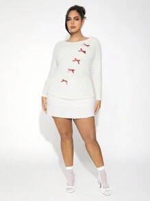 SHEIN SXY Plus Size Women Open Shoulder Rib-Knit Tight Top With Contrast Bow Decor - White - View 4