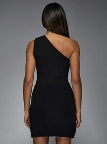MISSGUIDED One Shoulder Butterfly Knit Mini Dress Sleeveless Bodycon Form Fitting Party Club Night Out Winter Holiday Special Occasion - Black - View 2