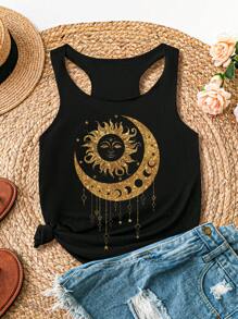 EMERY ROSE Women Tarot Style Foil Print Moon & Sun Pattern Loose Fit Cami Tank Top - Black - View 3