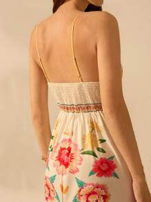 CAJUNI Women's Boho Colorful Tropical Plant Print V-Neck Spaghetti Strap Dress, Casual Summer Beach