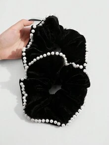 ROMWE Kawaii 2pcs Gothic Style White Faux Pearl & Black Elegant Hair Scrunchies, Fashionable & Casual For Women, Suitable For Daily Wear And Gifts