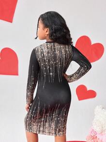 Vestido negro de manga larga con cuello redondo, degradado y brillo, con estampado gráfico para niñas preadolescentes. Bellamente diseñado, adecuado para todas las estaciones, eventos formales, salidas y para ir a juego