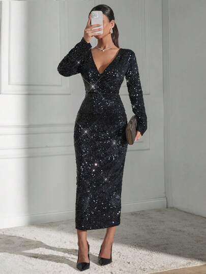 EURMUSE Sequin Embellished Fitted Dress, Stylish Party Wear