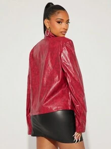 SHEIN SXY Cold Fall Winter Clothes Women's Autumn Zip-Up Red PU Leather Stand Collar Jacket
