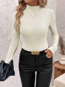 SHEIN Clasi Women's Warm Knitted Fleece T-Shirt  Turtleneck  Flannel T-Shirt