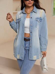 SHEIN Essnce Camisa vaquera casual, suelta y de estilo retro vintage para mujeres