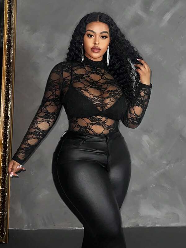 Maweii Blusa transparente de encaje sexy y de moda para mujer de talla grande