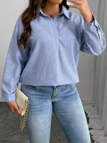 INAWLY Women Retro Casual Loose Striped Half-Button Shirt