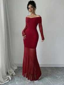 Firerie Elegante off-shoulder gerimpelde jurk voor dames, rode lange jurk, nieuwjaar, Valentijnsdag