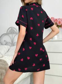 Colorblock Trim Heart Print Lapel Cardigan Women Nightgown