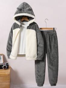 SHEIN Set de 2 piezas de chaqueta con cremallera y decoración de oreja de peluche y pantalones, informal y lindo, para niños preadolescentes, para otoño/invierno