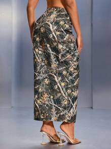 SHEIN SXY Autumn/Winter Tree Branch Camouflage Print Double Zipper High Split Maxi Cargo Skirt - Multicolor - View 2