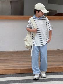 SHEIN 2pcs/Set Tween Boy Korean Style Loose Casual Hooded Striped Patchwork Short Sleeve T-Shirt And Pants Set, Suitable For Sports, Casual Wear, And School - Blue - View 7