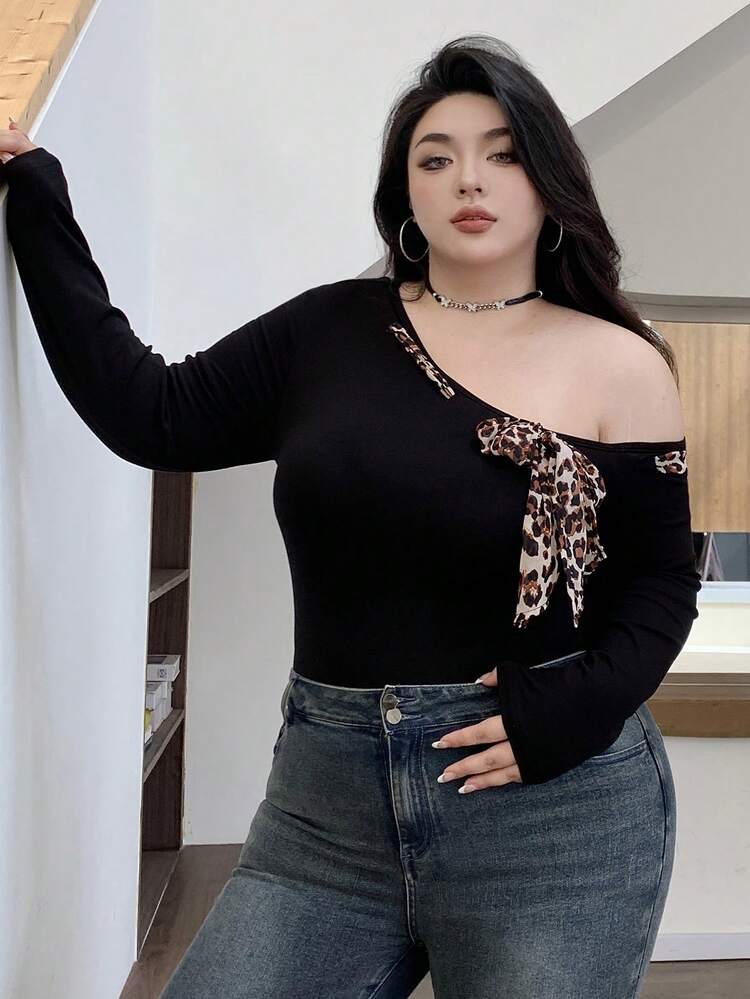 Dazy Plus Plus Size Patchwork Leopard Print Lace-Up Slim Fit Off Shoulder Long Sleeve T-Shirt, Spring/Summer Cheetah Print