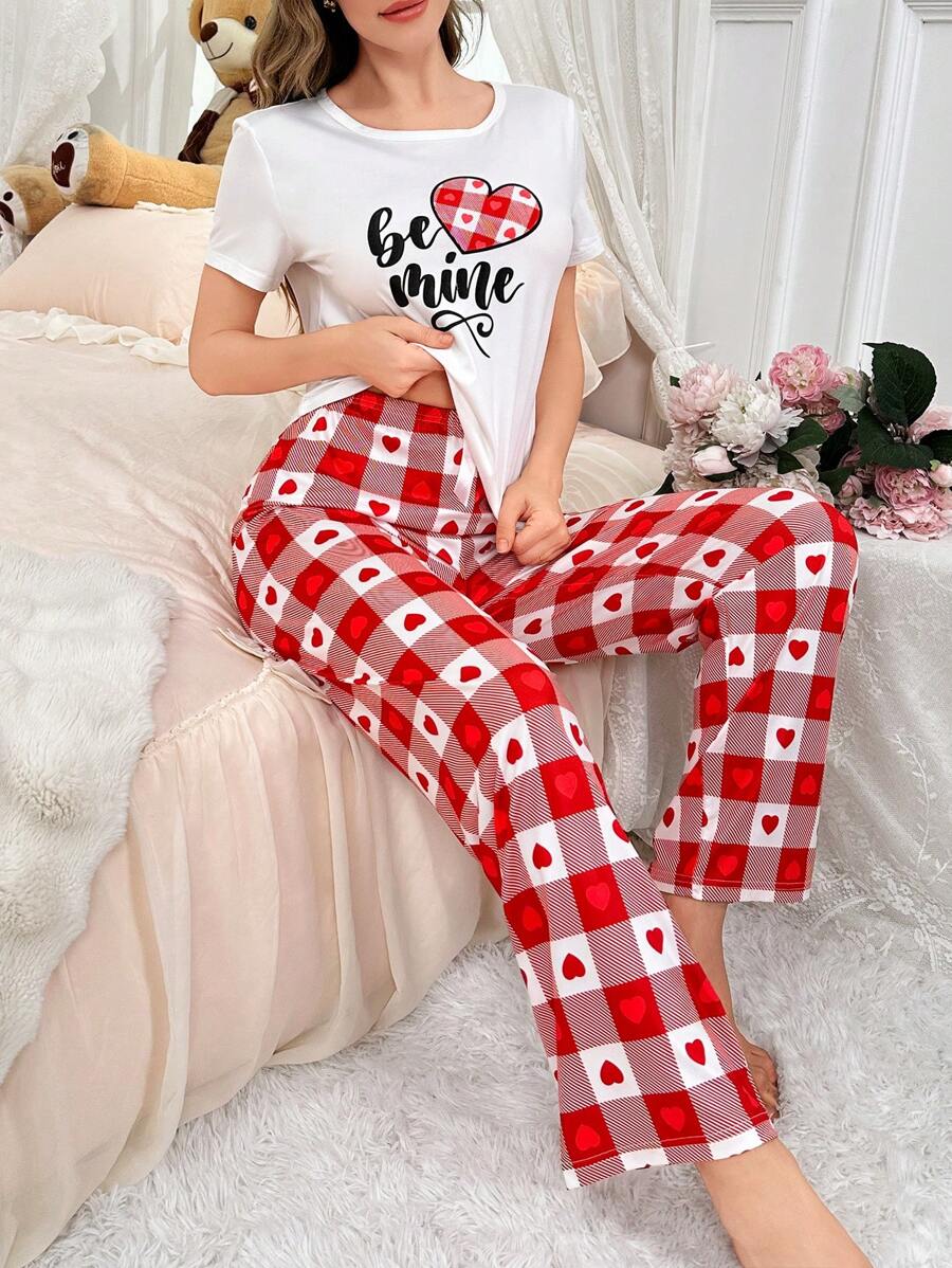 心形图案印花短袖和长裤休闲女士睡衣套装 - 彩色 - 查看 1