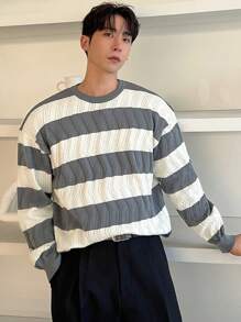 DAZY 休闲男士灰白条纹套头衫，简约时尚日常穿着，秋冬 - 彩色 - 查看 6