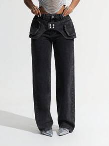 SHEIN Jeanoir Mujeres Jeans de pierna acampanada informal con diseño de panel de cintura, jeans de pierna recta versátiles