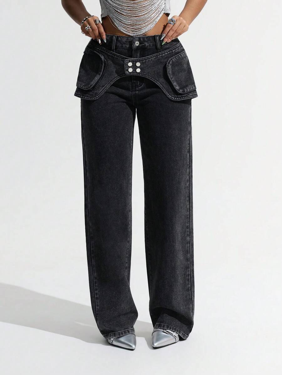SHEIN Jeanoir Mujeres Jeans de pierna acampanada informal con diseño de panel de cintura, jeans de pierna recta versátiles