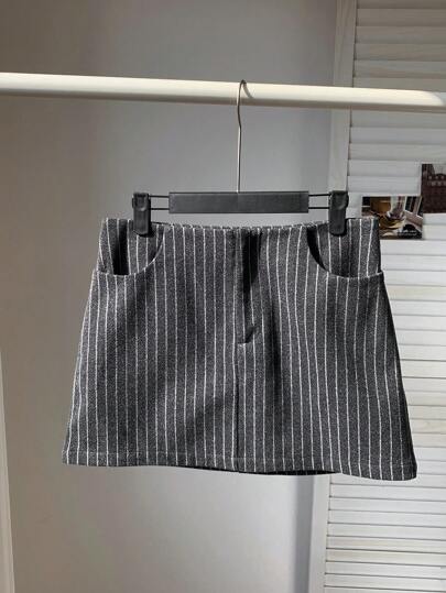 SHEIN EZwear Stripe Going Out Low Waist Solid Straight Grey Mini Skirt