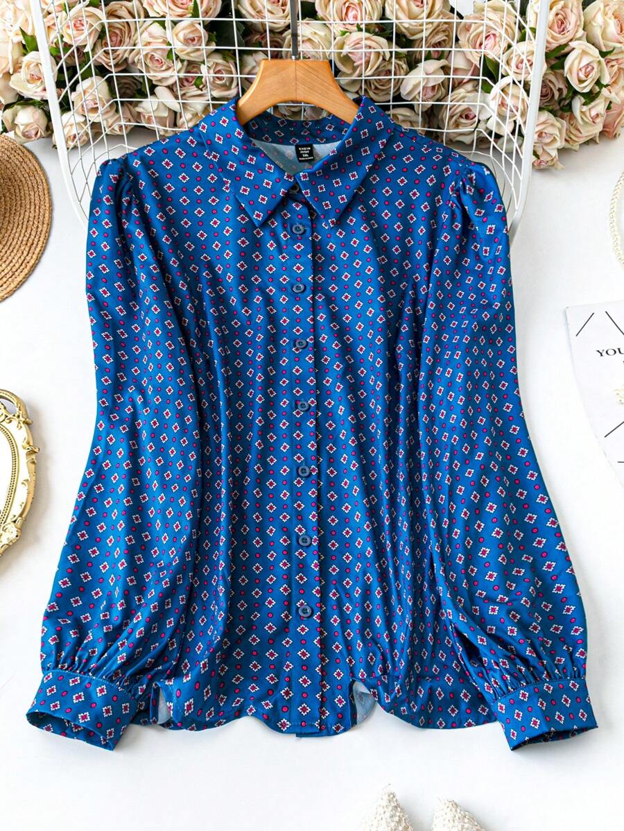 SHEIN Clasi 大码休闲几何印花泡泡袖衬衫，秋季女式衬衫 - 寶藍色 - 查看 1