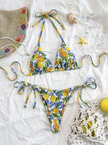 Soleia Women's Lemon Fruit Print Tie-Up Bikini Two Pieces Set, Swim Suits For Women, Vacation Outfit Women, Summer Outfits For Women, Beach Outfits For Women, Cute, Kawaii