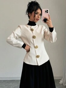 Firerie Nueva chaqueta de estilo elegante y sofisticado para oficina de otoño/invierno, color beige con botones metálicos en el cuello