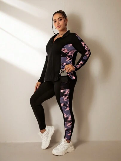 Easithlete Women Plus Size Solid Color Block Front Zipper Long Sleeve Casual Top And Pants Sports Set Workout Women Set