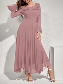 Modelyn 女士纯色荷叶边喇叭袖超长优雅连衣裙长款晚礼服 - 粉色 - 查看 4