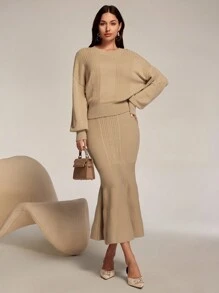 Modelyn 2pcs Solid Color Knitted Sweater Set - Long Sleeve Top And Mini Skirt, Casual Minimalist Outfit For Everyday Wear 2 Pieces Set