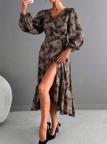 SHEIN Cottnline Long Balloon Sleeve Detailed Ruffled Hem Dress - Multicolor - View 4