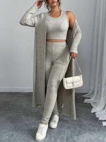 Flirla Women Plus Size Solid Color Long Sleeve Open Front Jacket, Round Neck Cropped Vest And Pants Casual 3-Piece Set, Autumn - Grey - View 5