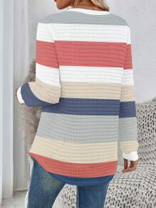 SHEIN LUNE 女式休闲圆领格子条纹图案运动衫，弧形下摆和侧开衩，秋冬款 - 彩色 - 查看 2