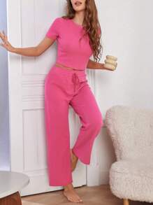 Solid Color Short Sleeve Top & Pants Casual Homewear Set Outfit