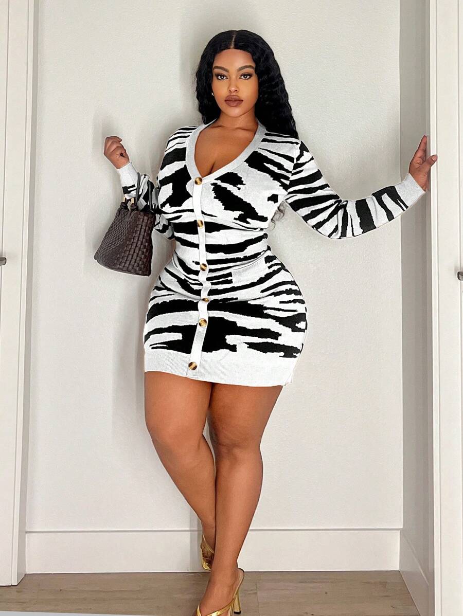 Maweii Plus Size Women V-Neck Zebra Striped Long Sleeve Button Bodycon Sweater Dress, Autumn/Winter