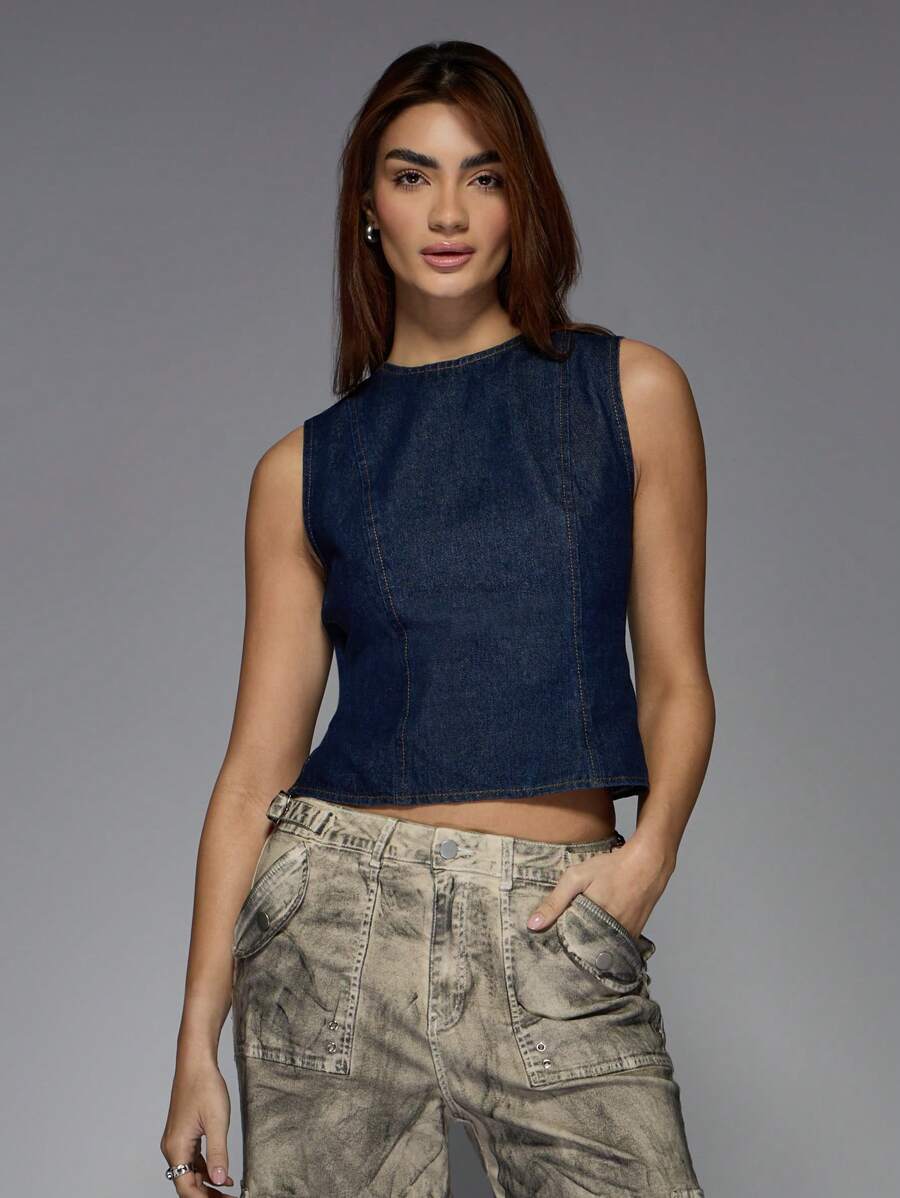 MISSGUIDED Open Back Sleeveless Denim Top With Bow Tie Detail Casual Summer Crop Tank Top Fashion Forward Design Jean Vest Style Statement - Navy Blue - View 1