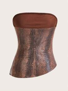 SHEIN Essnce Women's Brown Snakeskin Print Leather Top Fashionable Ruched Asymmetric Hem Tube Top, Suitable For Going Out And Parties Christmas Top Vacation Outfits New Year Top Festival Outfits Summer Top Women Blouse Valentine's Day New Year Party Dress - Multicolor - View 2