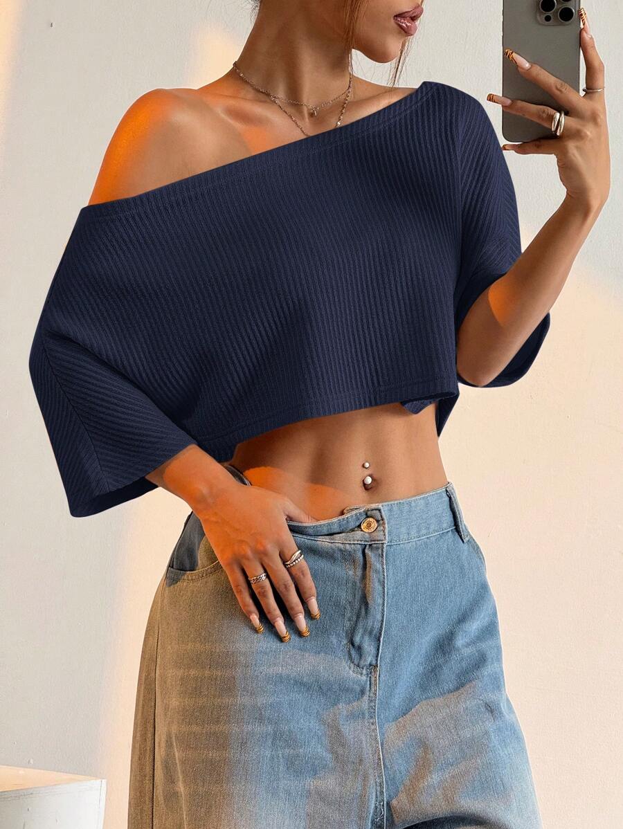 Muchica 女士罗纹斜肩宽松短款休闲 T 恤 - 藏蓝色 - 查看 1