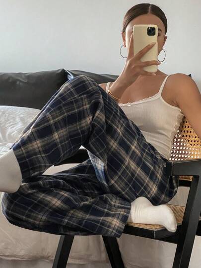 Livesso Pantalones de estar por casa cómodos y holgados de cintura elástica a cuadros, pijama, otoño e invierno