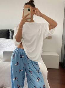DAZY 简约纯色宽松 T 恤和卡通印花宽松睡裤套装 - 白色 - 查看 3