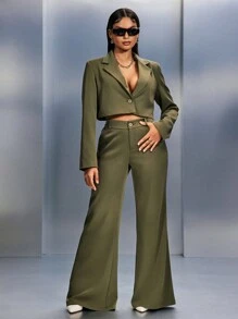 SHEIN SXY 2pcs/Set Green Suit, Loose Fit Cropped Jacket + Wide-Leg Pants, Autumn/Winter & Early Spring