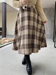 Dazy Plus Elastic Waist Plaid Mid-Length A-Line Pleated Skirt, Loose School Style, All Seasons