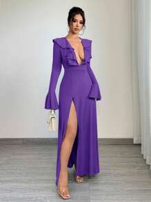 SHEIN SXY Herfst Dameskleding Effen Diepe V-hals Gerimpelde Split Tot Dij Sexy Lange Mouw Herfst Damesjurken Hoco Jurken