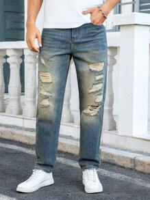 Manfinity Homme Men's Pocket Distressed Straight Leg Casual Denim Jeans - Dark Wash - View 6