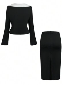 Celure 2 件大码女式优雅针织长袖开衫和前开衩紧身裙套装 - 黑與白 - 查看 2