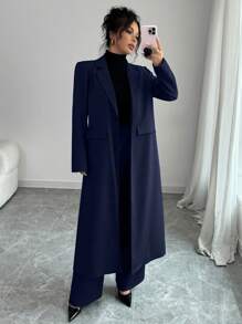 Selianne Bộ vest nữ ve rộng màu xám đậm dài quá khổ áo khoác và quần ống đứng - Màu xanh hải quân - Xem 3